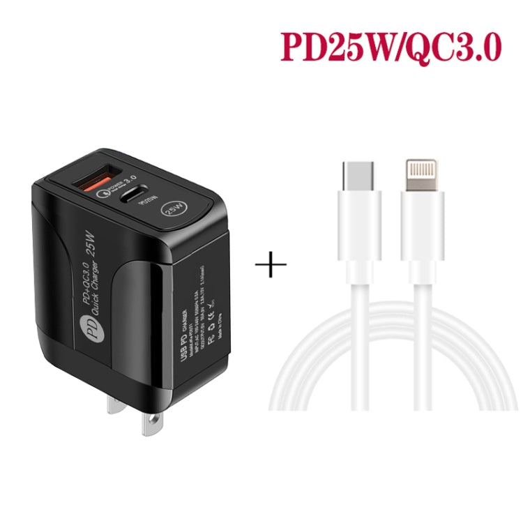 PD25W USB-C / Type-C + QC3.0 USB Dual Ports Fast Charger with USB-C to 8 Pin Data Cable, US Plug(Black) - Apple Accessories by buy2fix | Online Shopping UK | buy2fix