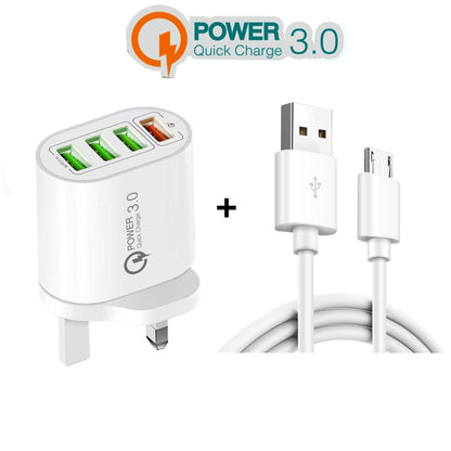 QC-04 QC3.0 + 3 x USB2.0 Multi-ports Charger with 3A USB to Micro USB Data Cable, UK Plug(White) - Mobile Accessories by buy2fix | Online Shopping UK | buy2fix