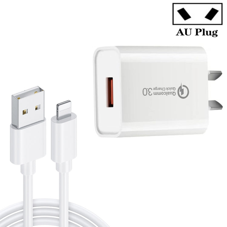 CA-25 QC3.0 USB 3A Fast Charger with USB to 8 Pin Data Cable, AU Plug(White) - Apple Accessories by buy2fix | Online Shopping UK | buy2fix