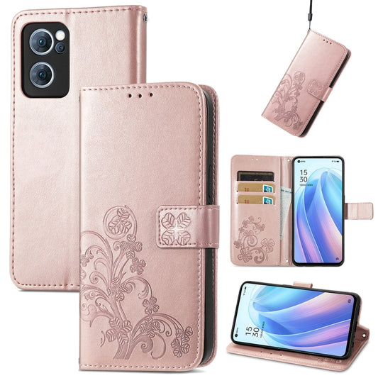 For OPPO Reno7 5G Four-leaf Clasp Embossed Buckle Leather Phone Case(Rose Gold) - OPPO & vivo Accessories by buy2fix | Online Shopping UK | buy2fix