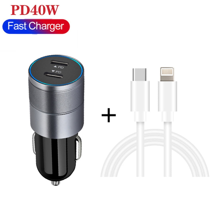 Dual PD 3.0 40W USB-C / Type-C Car Charger with 1m USB-C / Type-C to 8 Pin Data Cable(Grey) - In Car by buy2fix | Online Shopping UK | buy2fix