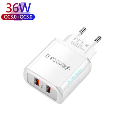 36W Dual Port QC3.0 USB Charger with 3A USB to Type-C Data Cable , EU Plug(White) - Mobile Accessories by buy2fix | Online Shopping UK | buy2fix