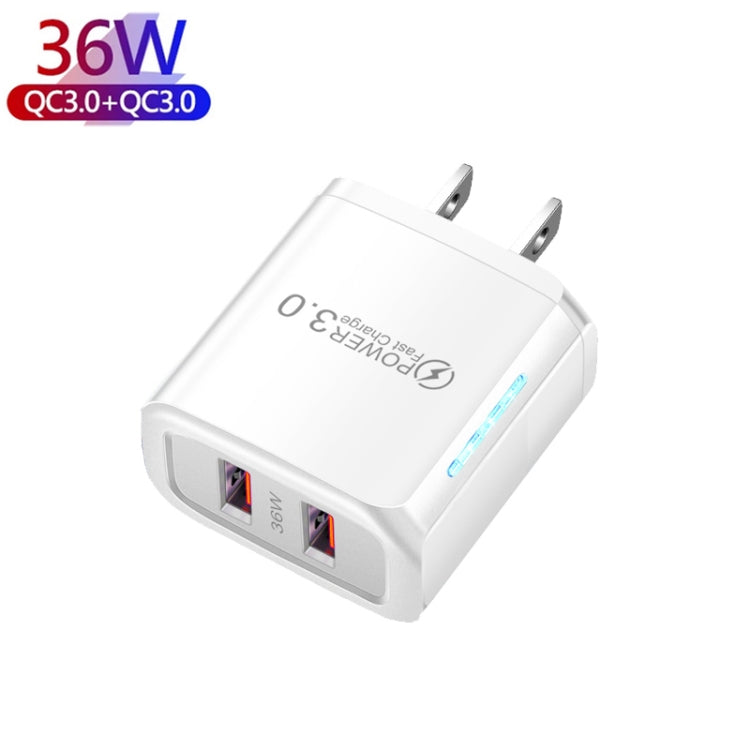 36W Dual Port QC3.0 USB Charger with 3A USB to Micro USB Data Cable, US Plug(White) - Mobile Accessories by buy2fix | Online Shopping UK | buy2fix