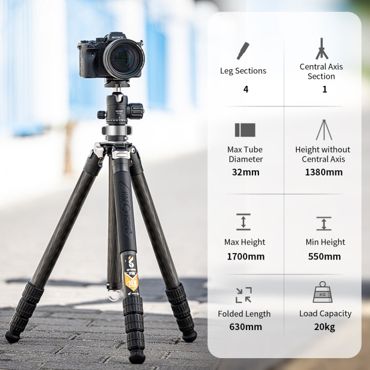 K&F CONCEPT KF09.102 Heavy Duty Tripod 20kg Load 32mm Leg Tube 1.7m Professional Carbon Fiber Tripod - Camera Accessories by K&F | Online Shopping UK | buy2fix