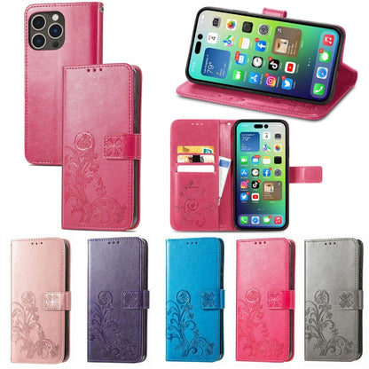 For iPhone 15 Pro Four-leaf Clasp Embossed Buckle Leather Phone Case(Purple) - iPhone 15 Pro Cases by buy2fix | Online Shopping UK | buy2fix