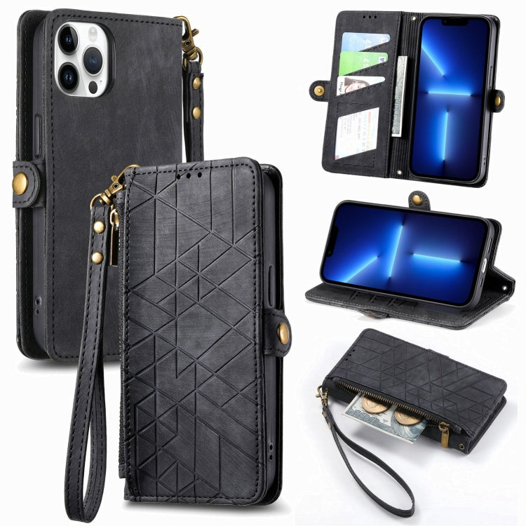 For iPhone 13 Pro Geometric Zipper Wallet Side Buckle Leather Phone Case(Black) - iPhone 13 Pro Cases by buy2fix | Online Shopping UK | buy2fix