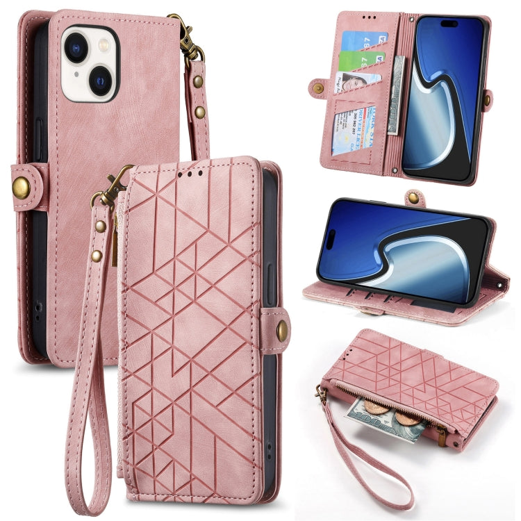 For iPhone 15 Plus Geometric Zipper Wallet Side Buckle Leather Phone Case(Pink) - iPhone 15 Plus Cases by buy2fix | Online Shopping UK | buy2fix