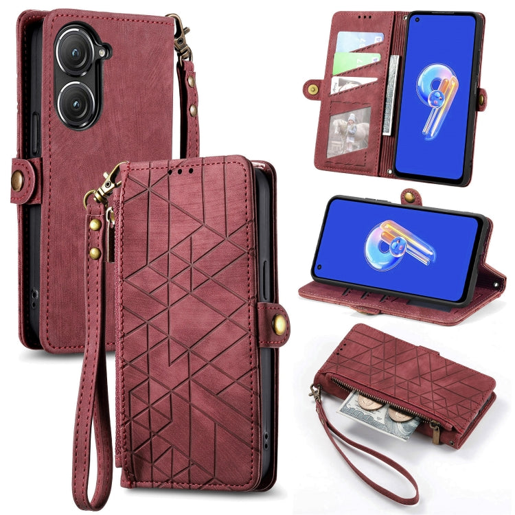 For ASUS Zenfone 10 Geometric Zipper Wallet Side Buckle Leather Phone Case(Red) - ASUS Cases by buy2fix | Online Shopping UK | buy2fix