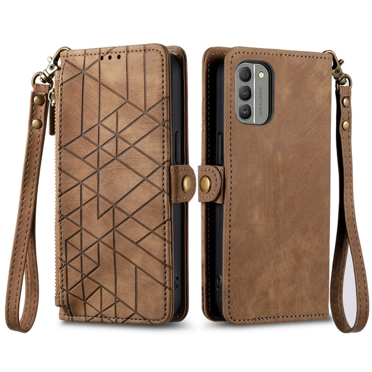For Nokia G400 Geometric Zipper Wallet Side Buckle Leather Phone Case(Brown) - Nokia Cases by buy2fix | Online Shopping UK | buy2fix