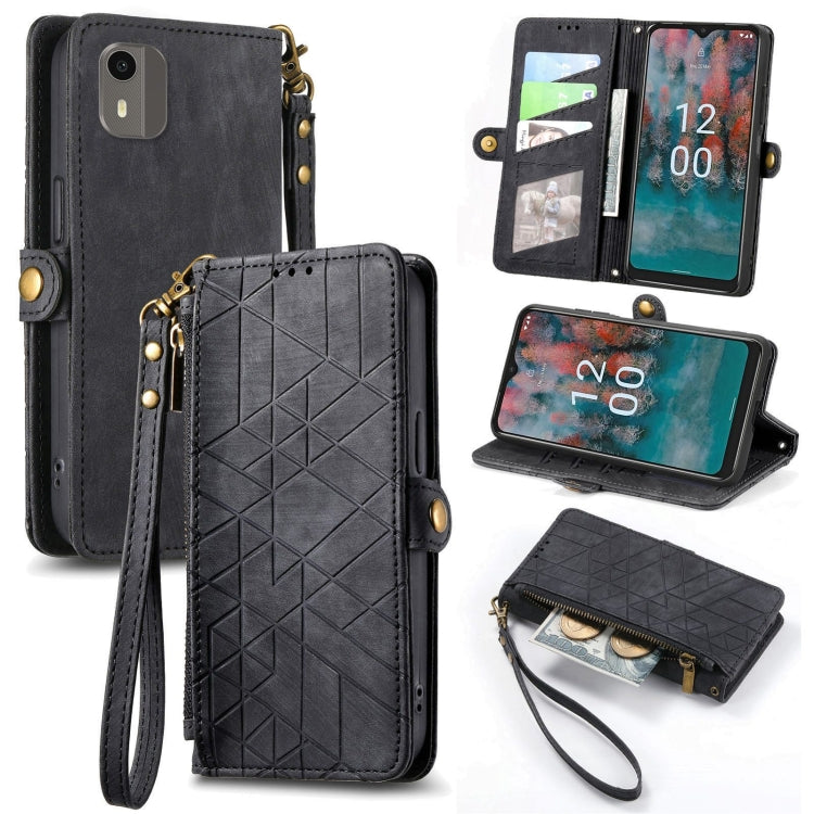 For Nokia C12 Geometric Zipper Wallet Side Buckle Leather Phone Case(Black) - Nokia Cases by buy2fix | Online Shopping UK | buy2fix