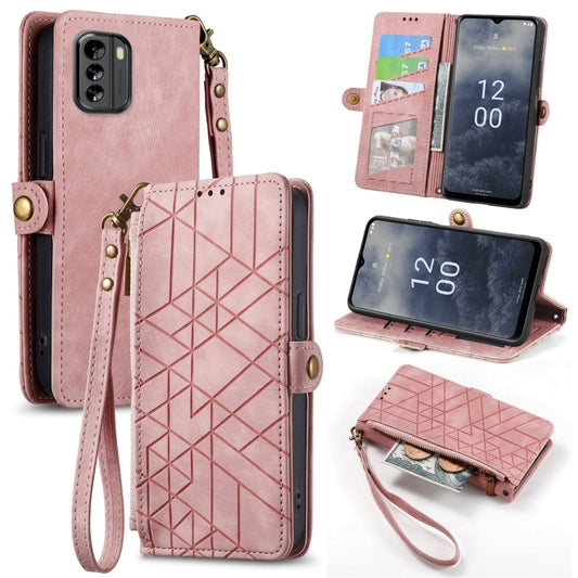 For Nokia G60 5G Geometric Zipper Wallet Side Buckle Leather Phone Case(Pink) - Nokia Cases by buy2fix | Online Shopping UK | buy2fix