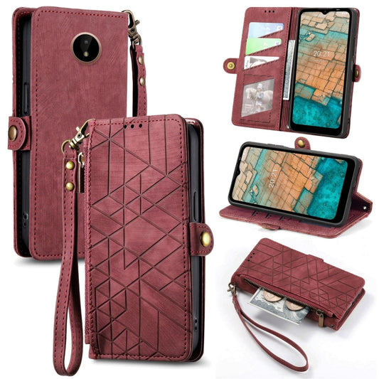 For Nokia C20 Geometric Zipper Wallet Side Buckle Leather Phone Case(Red) - Nokia Cases by buy2fix | Online Shopping UK | buy2fix