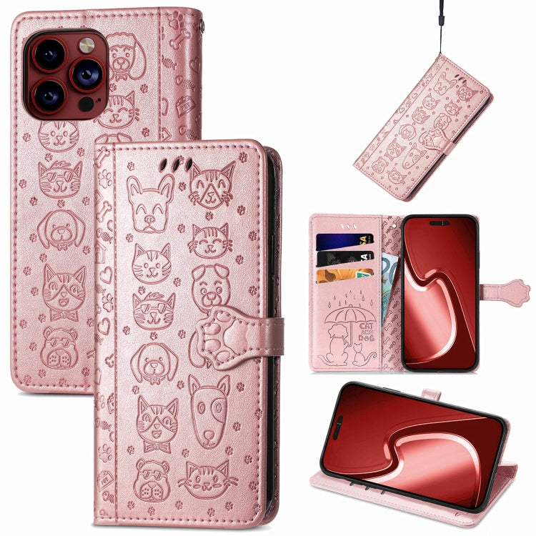 For iPhone 15 Pro Max Cat and Dog Embossed Leather Phone Case(Rose Gold) - iPhone 15 Pro Max Cases by buy2fix | Online Shopping UK | buy2fix