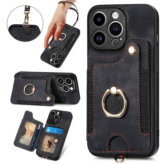 For iPhone 15 Pro Max Retro Skin-feel Ring Multi-card Wallet Phone Case(Black) - iPhone 15 Pro Max Cases by buy2fix | Online Shopping UK | buy2fix