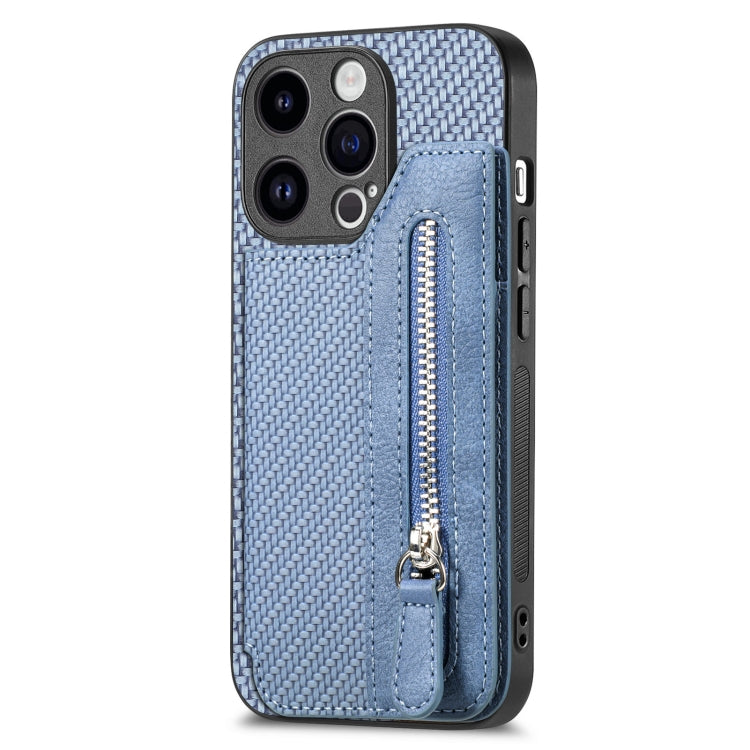 For iPhone 15 Pro Max Carbon Fiber Horizontal Flip Zipper Wallet Phone Case(Blue) - iPhone 15 Pro Max Cases by buy2fix | Online Shopping UK | buy2fix