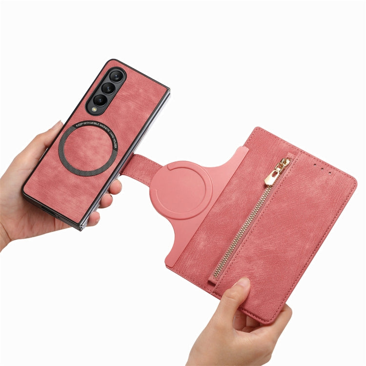 For Samsung Galaxy Z Fold4 Retro MagSafe Magnetic Zipper Wallet Leather Phone Case(Pink) - Galaxy Z Fold4 5G Cases by buy2fix | Online Shopping UK | buy2fix