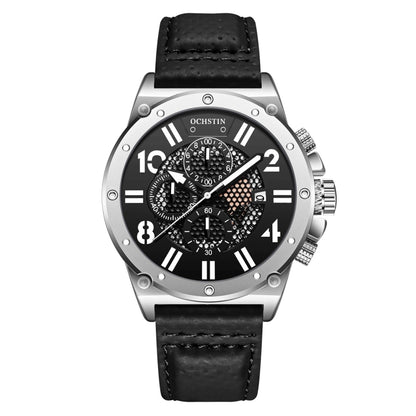 Ochstin 6122 Multi Function Quartz Watch Sports Luminous Waterproof Watch Calendar Leather Men Watch(Silver Black) - Leather Strap Watches by OCHSTIN | Online Shopping UK | buy2fix