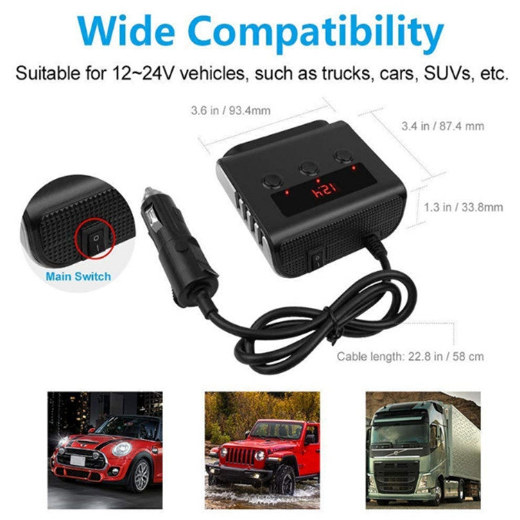 TR12 3 in 1 100W 4USB Car Cigarette Lighter with Switch Voltage Display - Cigar Socket by buy2fix | Online Shopping UK | buy2fix