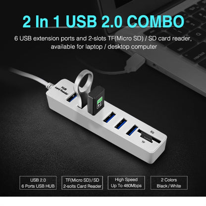 Multi USB 2.0 Hub USB Splitter High Speed 6 Ports with TF SD Card Reader(White) -  by buy2fix | Online Shopping UK | buy2fix