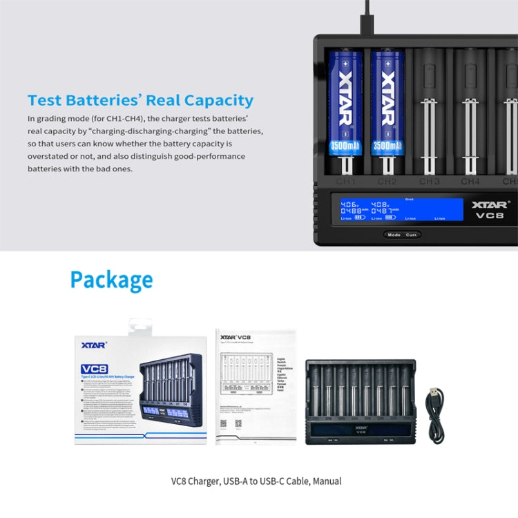 XTAR 8-Slot Battery Charger LCD Display Charger QC3.0 Type C Fast Charger for 21700 / 18650 Battery, Model: VC8 - Charger & Converter by XTAR | Online Shopping UK | buy2fix