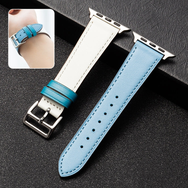 Cowhide Leather Strap Watch Band For Apple Watch Series 8&7 41mm / SE 2&6&SE&5&4 40mm / 3&2&1 38mm(Light Blue White) - Watch Bands by buy2fix | Online Shopping UK | buy2fix