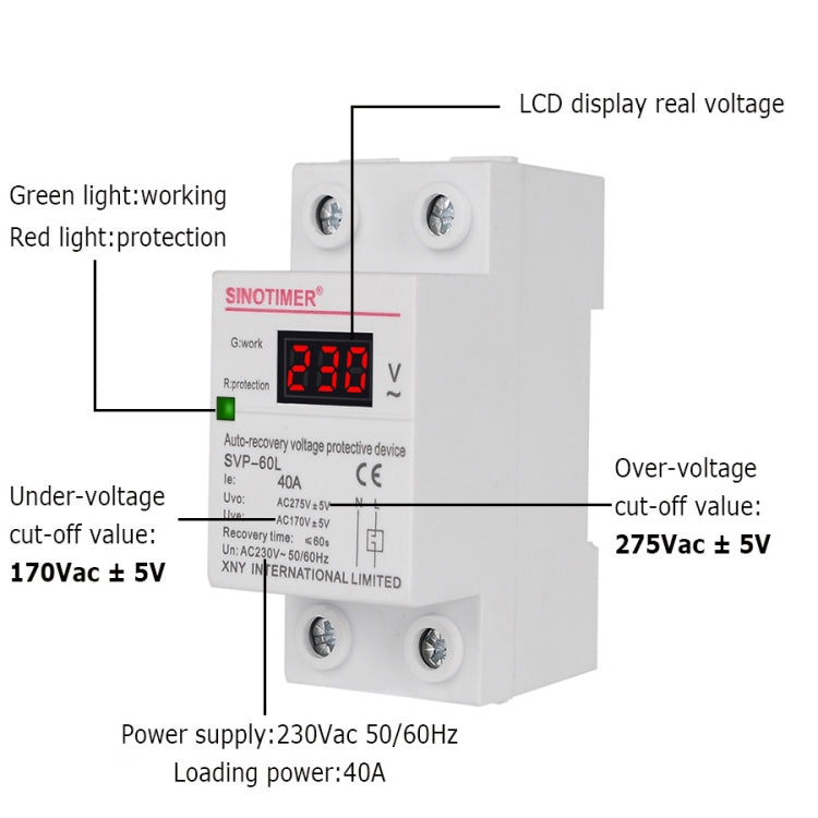 SINOTIMER 220V LED Digital Display Delay Automatic Reset Under-voltage Protector(SVP-60L) - Other Tester Tool by SINOTIMER | Online Shopping UK | buy2fix