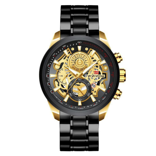 VAVA VOOM 2311G-JH1 Black Gold Shell Steel Belt Men Waterproof Sports Luminous Calendar Casual Quartz Hollow Watch - Sport Watches by VAVA VOOM | Online Shopping UK | buy2fix