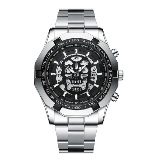 BINBOND S034 30M Waterproof Quartz Watch Skull Skeleton Luminous Watch(White Steel Black) - Metal Strap Watches by BINBOND | Online Shopping UK | buy2fix