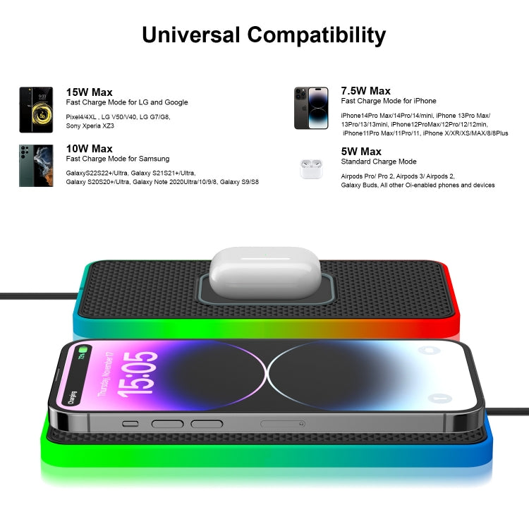 2 In 1 15W Car Mobile Phone Wireless Charger Non-slip Mat with Colorful Light USB-C/Type-C Cable 1m - Wireless Charging Pads by buy2fix | Online Shopping UK | buy2fix