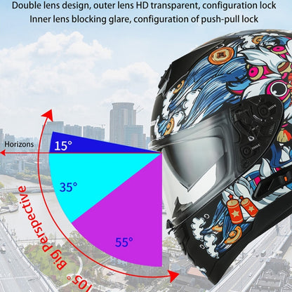 KUQIBAO Motorcycle Dual Lens Anti-Fog Helmet With LED Light, Size: M(Bright Black Wake Lion) - Helmets by KUQIBAO | Online Shopping UK | buy2fix