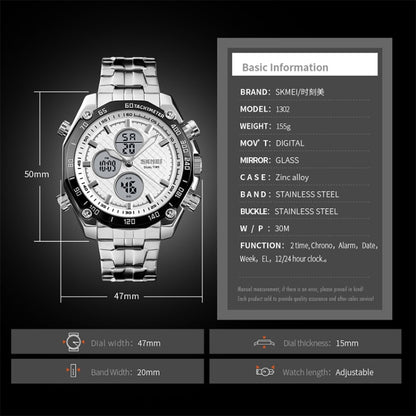 SKMEI 1302 Fashion Men Leisure Wrist Watch Multifunctional Dual-time Sports Digital Watch with Stainless Steel Watchband 30m Waterproof (Black) - Metal Strap Watches by SKMEI | Online Shopping UK | buy2fix